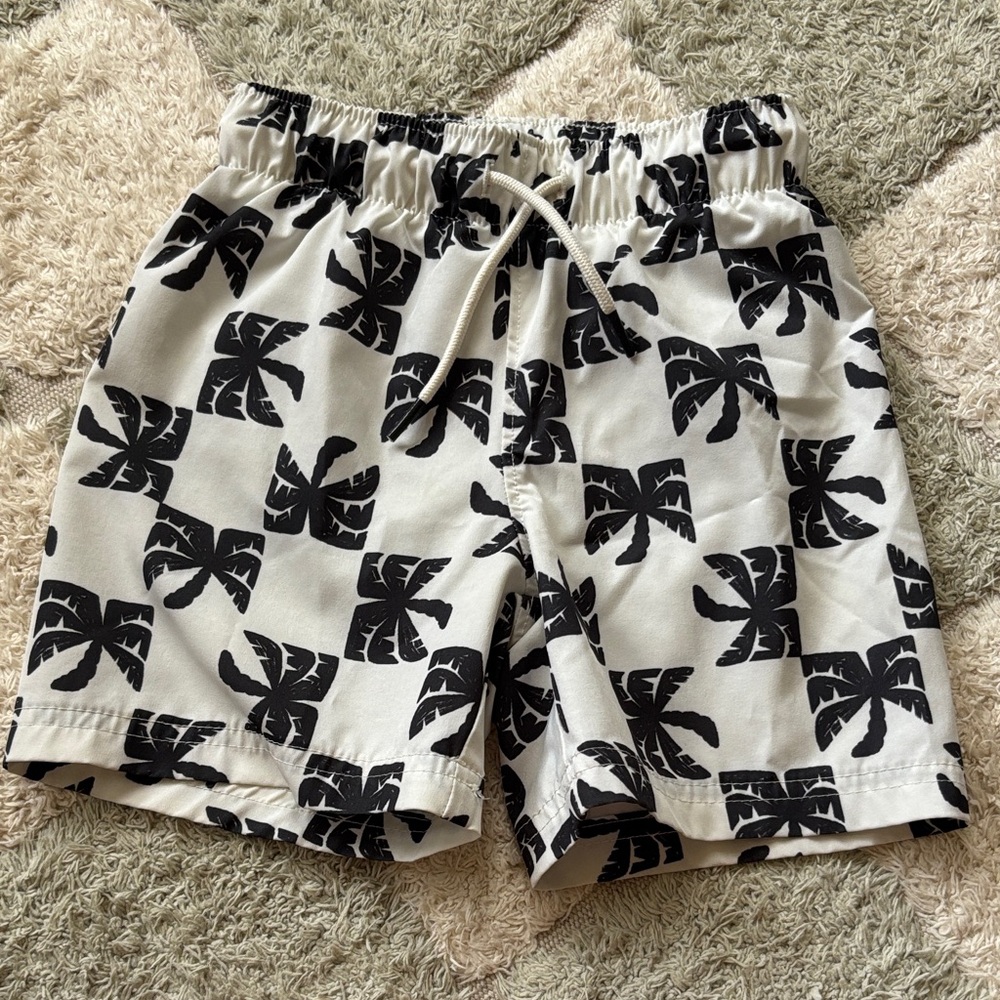 Black and White Palm Print Kids Swim Shorts